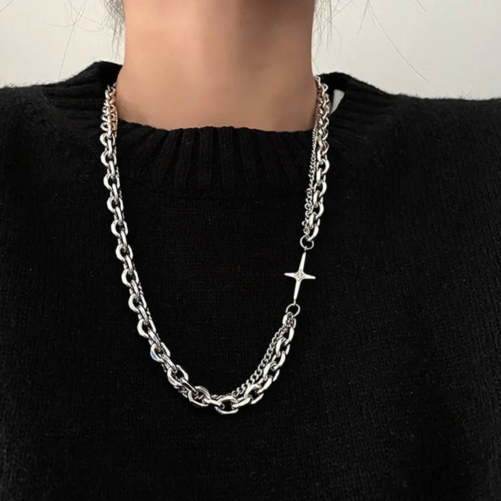 Brand New Cross CHUNKY THICK CHAIN CHOKER SPLICING DOUBLE LAYER NECKLACE